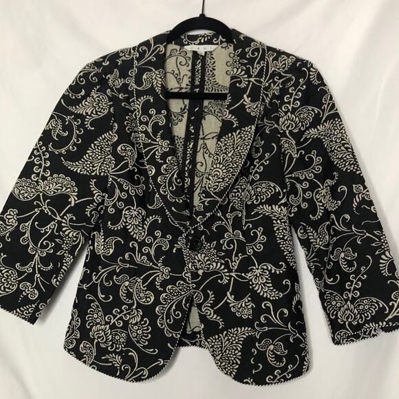 Cabi Black & White Paisley Blazer Single Button Womens 4 Cropped Fitted Jacket - Picture 1 of 8